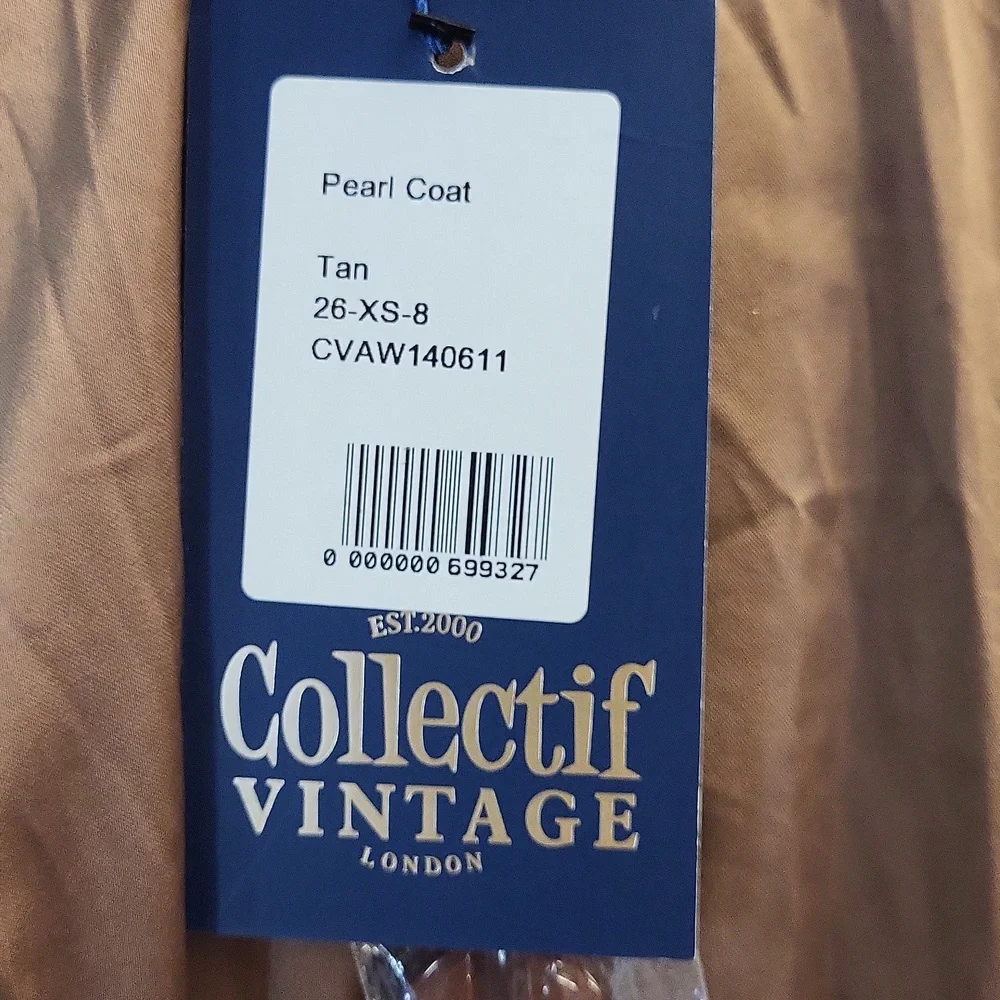 NWT, VINTAGE COLLECTIF PEARL TAN COAT, XS - Picture 10 of 14
